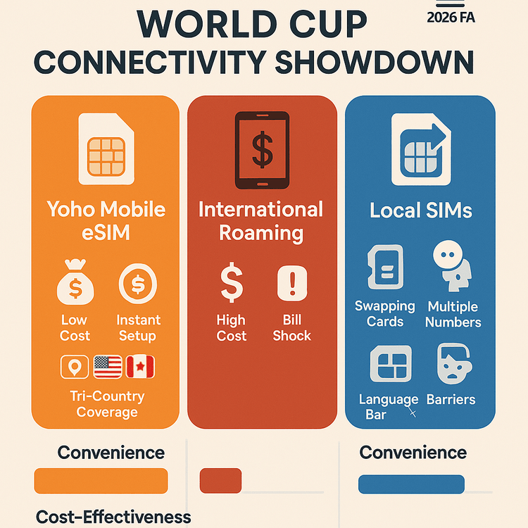 Infographic comparing the cost and convenience of Yoho Mobile eSIM vs. International Roaming vs. Local SIMs for World Cup travel.