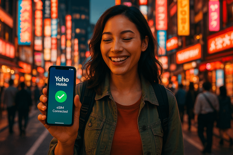 A traveler easily connected in Tokyo using a Yoho Mobile eSIM on her smartphone.