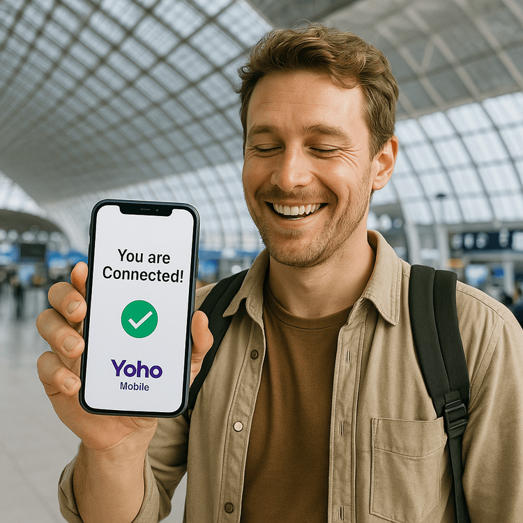 A traveler smiling at their phone, instantly connected to the internet with a Yoho Mobile eSIM upon arrival at Paris CDG Airport.