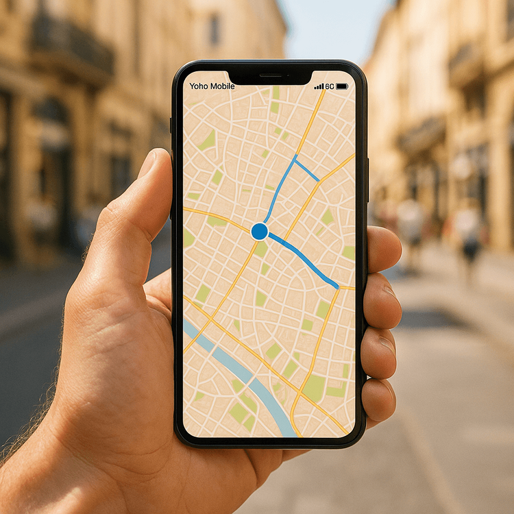 A smartphone with Yoho Mobile eSIM navigating a city map during a layover trip.