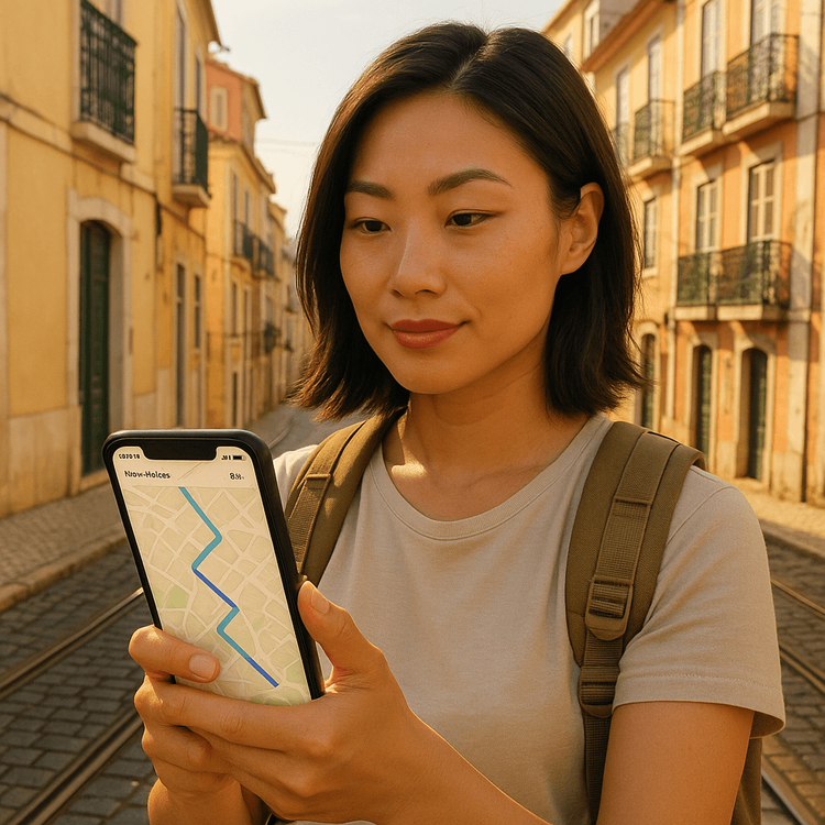 A solo female traveler confidently using her phone with a Yoho Mobile eSIM for navigation in Europe.