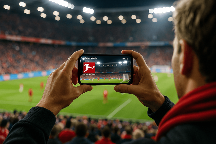 A football fan using a phone with a strong Yoho Mobile eSIM signal at a live Bundesliga match in Germany.