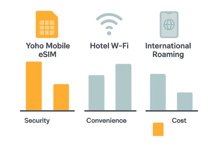Infographic comparing the cost, security, and convenience of Yoho Mobile eSIM, hotel Wi-Fi, and international roaming for business travel.