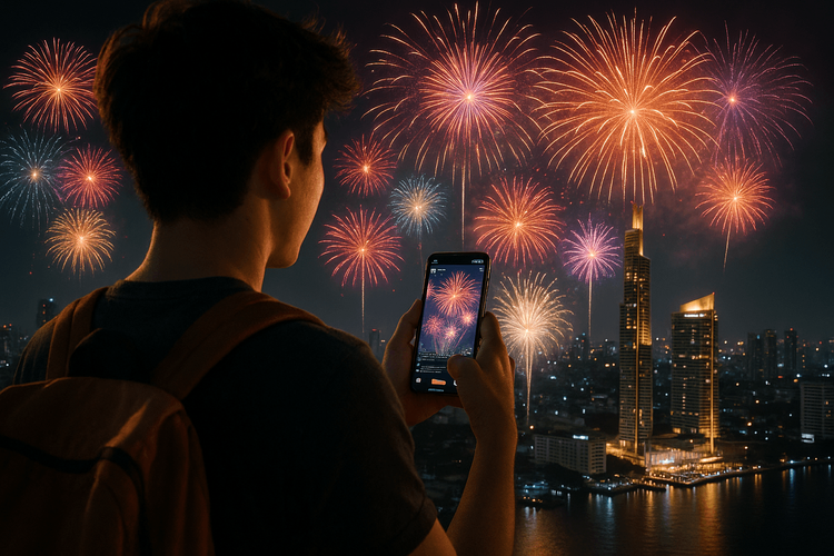 Traveler using a Yoho Mobile eSIM on their phone to share Bangkok's New Year's Eve 2026 fireworks.