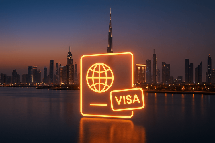 The Dubai skyline with digital visa icons, representing the latest UAE travel restrictions update.
