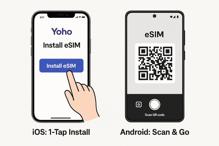 Guide showing the simple eSIM installation process for both iOS and Android phones.
