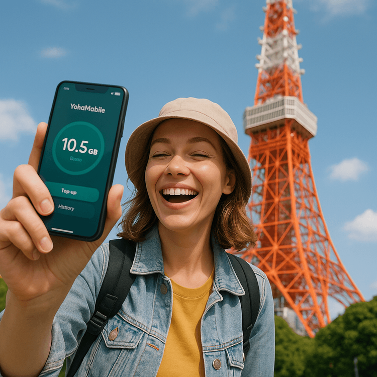 A happy traveler using their phone with a Yoho Mobile eSIM in front of an international landmark.