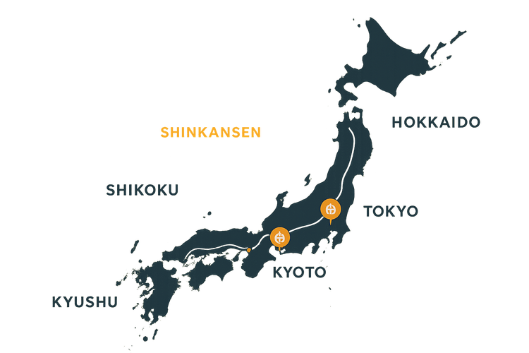A minimalist map of Japan showing the main Shinkansen bullet train routes between Tokyo, Kyoto, and Osaka.