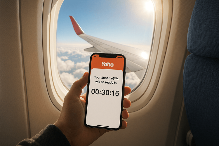A traveler on a plane preparing their Yoho Mobile eSIM on their phone, ready for immediate connectivity upon landing.