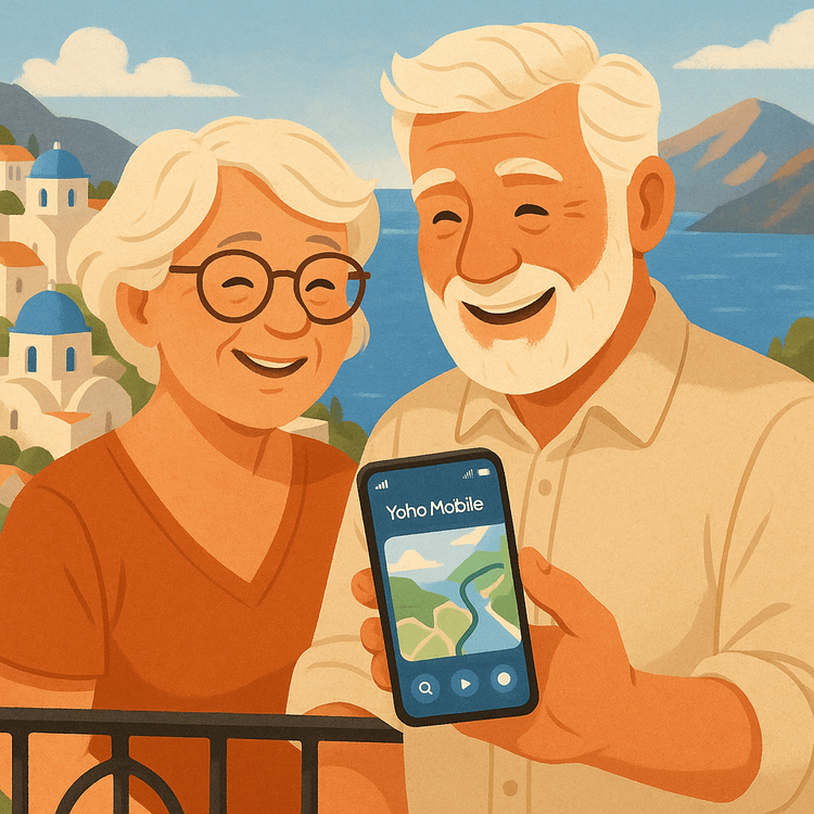 An older couple enjoying their vacation in Europe, happily using a smartphone with a strong Yoho Mobile connection.