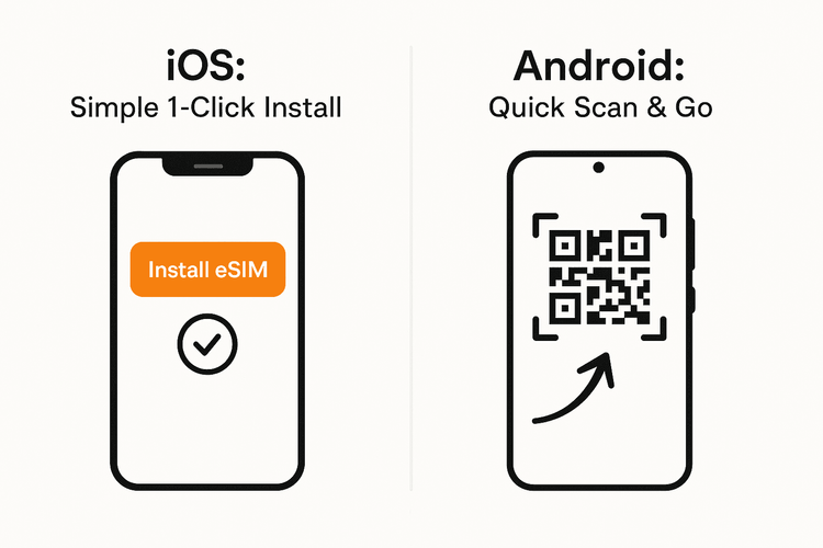 Comparison of the simple one-click eSIM installation on iOS versus QR code scanning on Android.