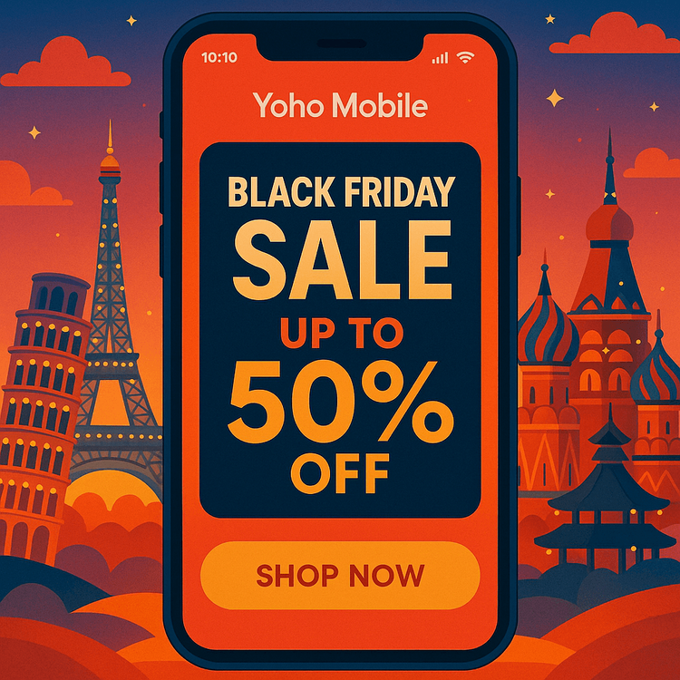 Illustration of a smartphone showing Yoho Mobile's Black Friday eSIM sale with travel landmarks in the background.