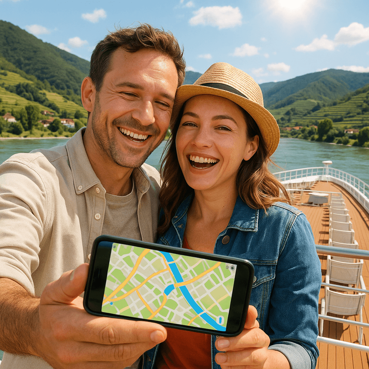 A couple enjoying their Danube river cruise and using a smartphone for navigation in the Wachau Valley.