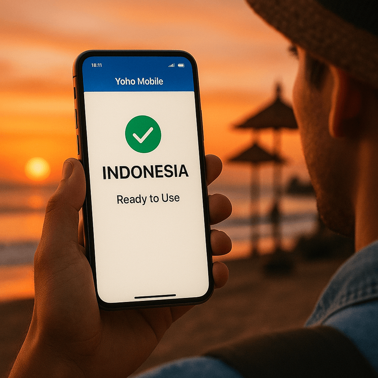 Das Handy eines Reisenden zeigt eine erfolgreich installierte Yoho Mobile eSIM für Bali.