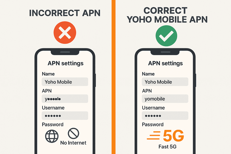 An infographic showing the difference between incorrect and correct APN settings for fixing eSIM internet issues.