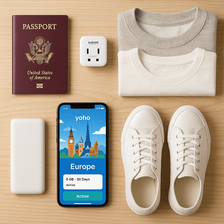 Essential packing list for a Europe trip, including a passport, layered clothing, and a smartphone with a Yoho Mobile eSIM.