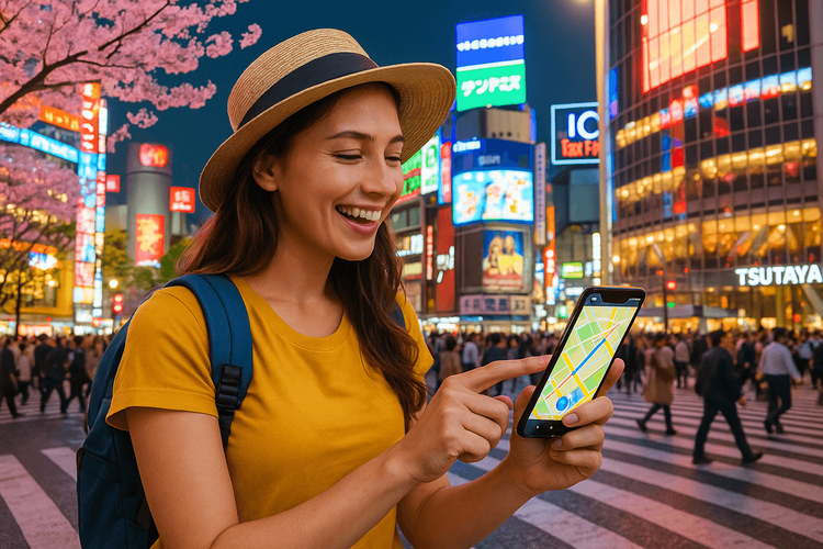 A tourist using her smartphone with a Japan eSIM for navigation at Shibuya Crossing in Tokyo.