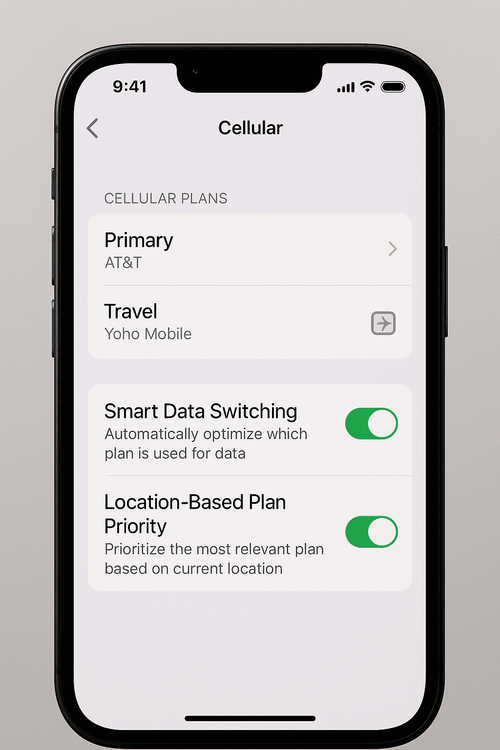 An iPhone screen demonstrating the advanced dual SIM management features for travel in iOS 26.
