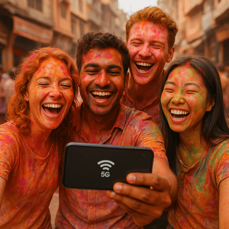 Travelers enjoying seamless mobile connectivity with an eSIM during the vibrant Holi festival in India.