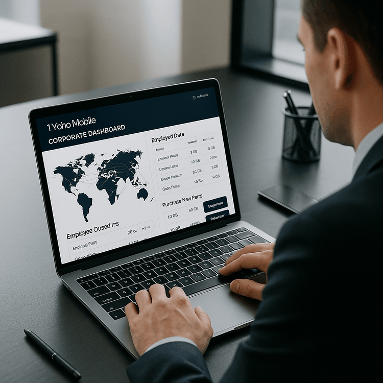 A business manager uses the Yoho Mobile corporate dashboard on a laptop to manage employee eSIMs and data usage globally.