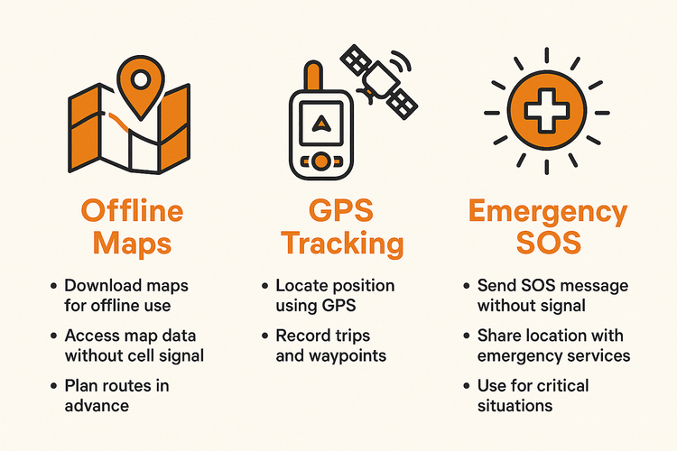 Infographic showing key smartphone safety features for hikers: Offline Maps, GPS Tracking, and Emergency SOS.