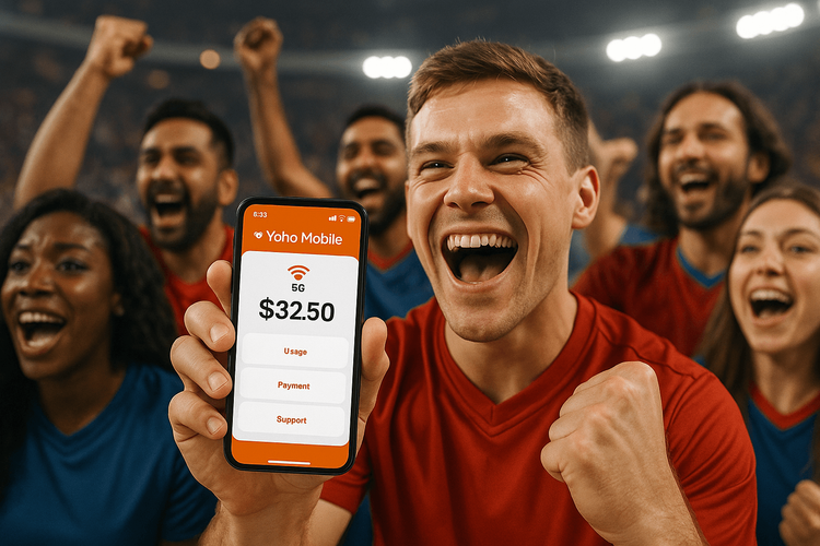 Excited sports fans using Yoho Mobile eSIM on their phones in a stadium.