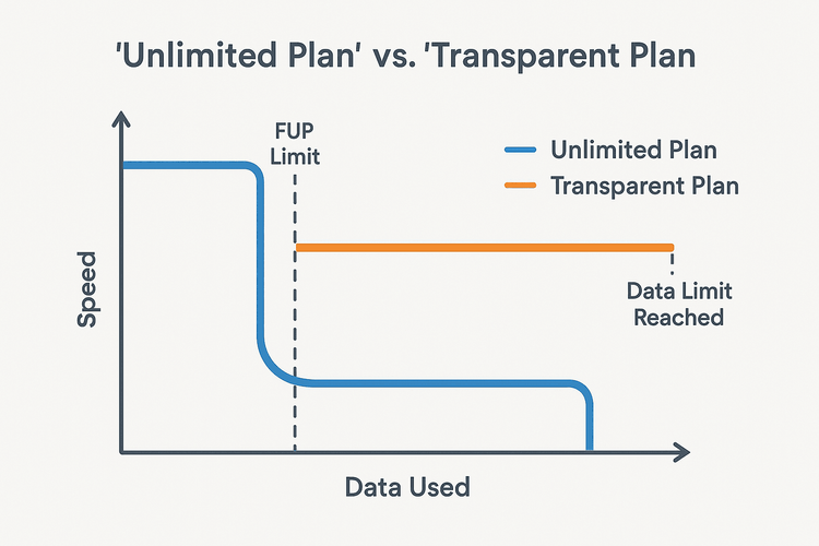 Infographic comparing a throttled unlimited data plan with a transparent, high-speed data plan from Yoho Mobile.