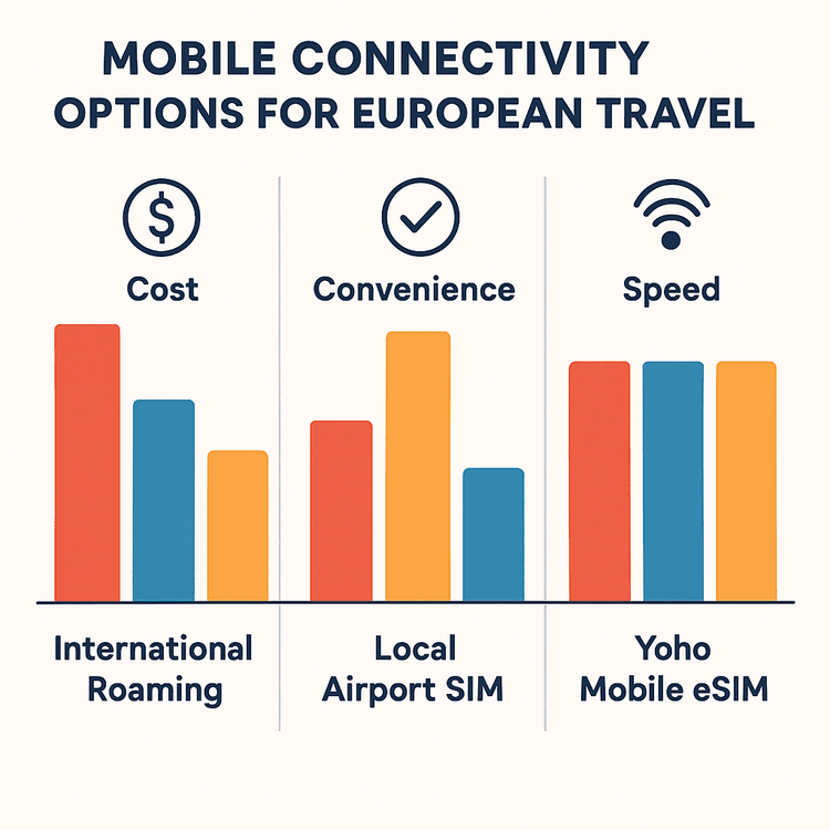 A comparison chart showing that Yoho Mobile eSIM is more cost-effective and convenient for travel in Europe than international roaming or local airport SIM cards.