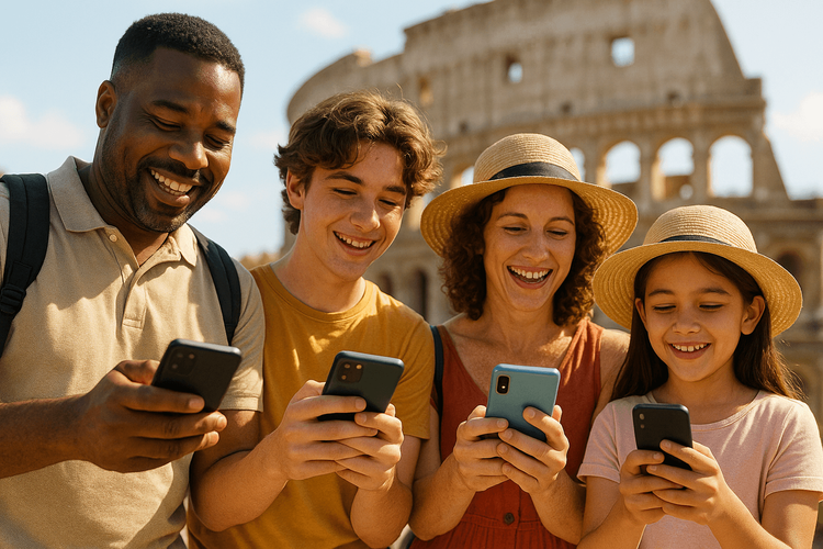 A family happily using their individual smartphones with Yoho Mobile eSIMs while on vacation in Europe.