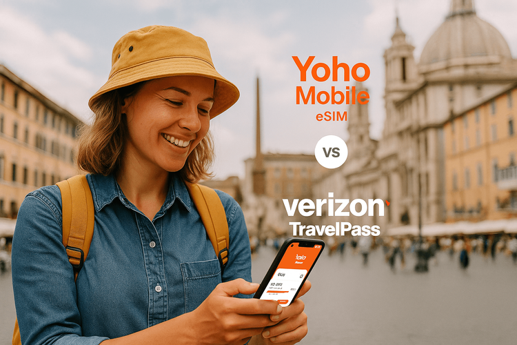 A happy traveler in Europe comparing the cost-effectiveness of Yoho Mobile eSIM against Verizon TravelPass on their smartphone.