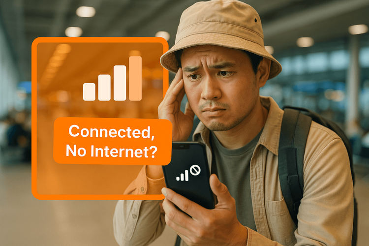 A traveler troubleshooting why their Yoho Mobile eSIM has no internet despite being connected.