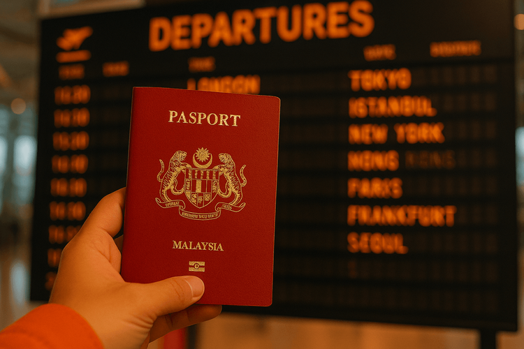 A Malaysian passport held up in front of an airport departure board showing international destinations, symbolizing visa-free travel.