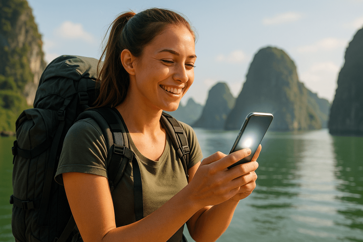 A female backpacker using her Yoho Mobile eSIM for navigation in front of the beautiful Ha Long Bay in Vietnam.