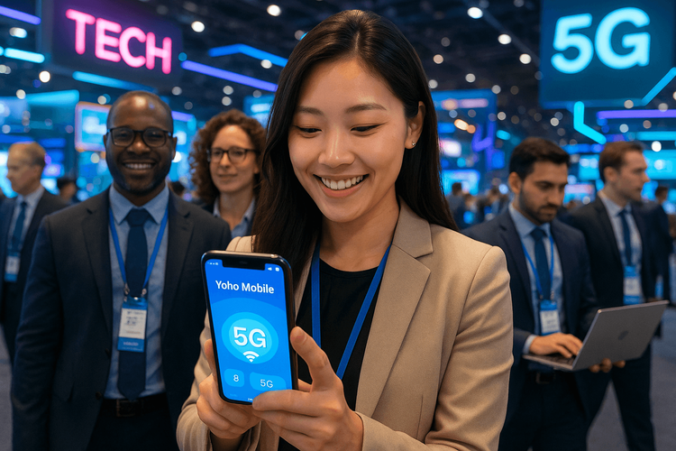 A business professional using a Yoho Mobile eSIM on her phone to stay connected at CES 2026 in Las Vegas.