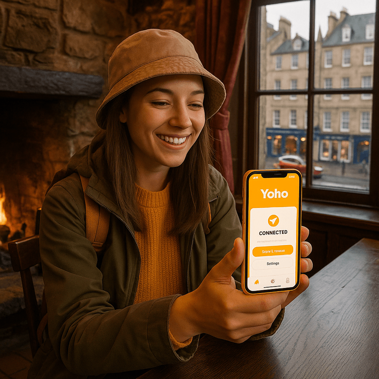 A traveler easily managing her Yoho Mobile UK eSIM in a cozy Scottish pub, demonstrating great travel connectivity.
