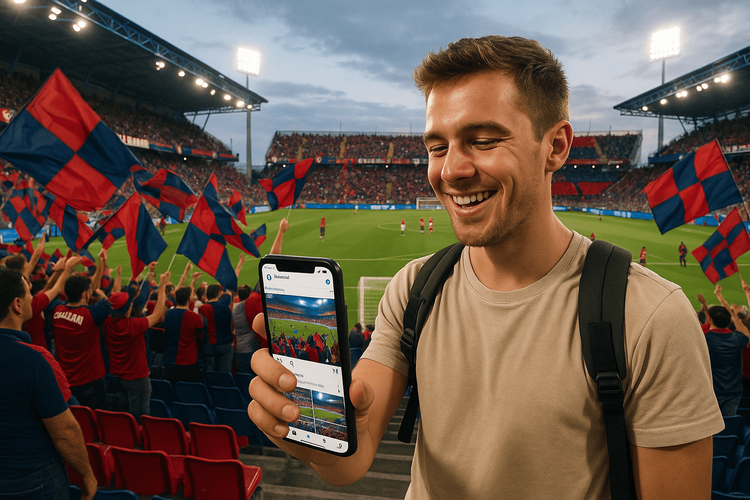 A football fan using their phone with reliable data at a Serie A match in Italy.