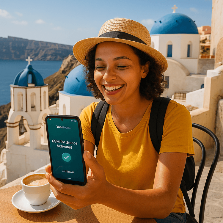 Traveler easily activating their Yoho Mobile eSIM on an iPhone in Santorini, ready to share their vacation moments.