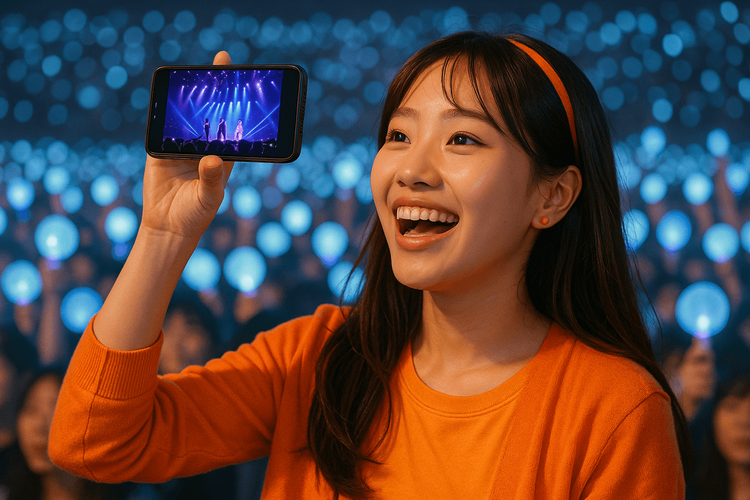 A K-Pop fan using her smartphone with a Yoho Mobile eSIM to record a concert in Seoul.