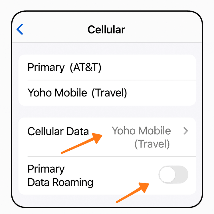 Diagram of iPhone cellular settings for dual SIM travel, showing cellular data set to the travel eSIM and data roaming off on the primary line.