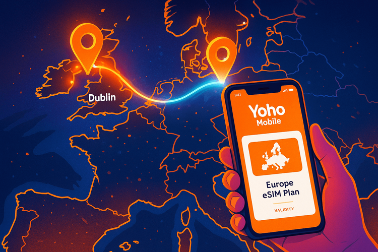 A map showing a connected travel route from Amsterdam to Dublin, with a smartphone displaying a Yoho Mobile Europe eSIM.