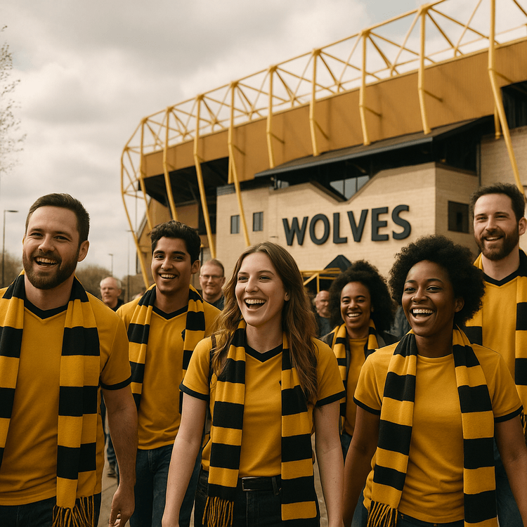 Wolves fans in gold and black scarves walking towards Molineux Stadium on a match day.
