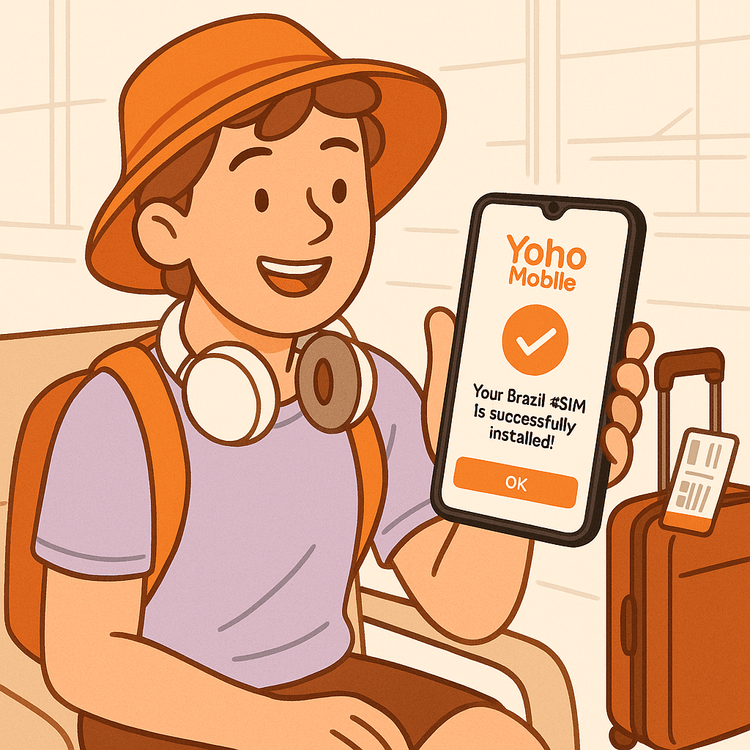 A traveler smiling at their phone after easily installing a Yoho Mobile eSIM before their flight to Brazil.