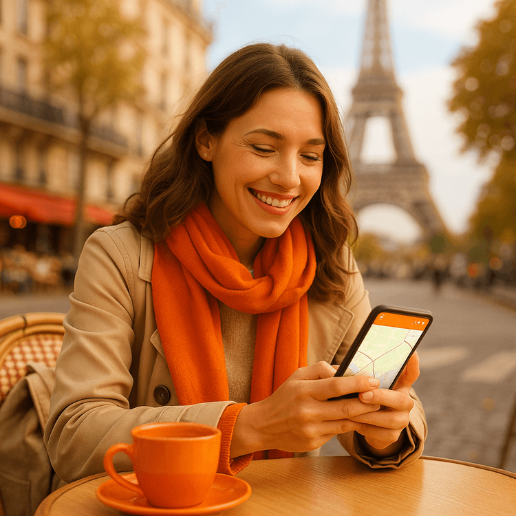 A traveler enjoying seamless mobile data with her Yoho Mobile eSIM at a cafe in Europe.