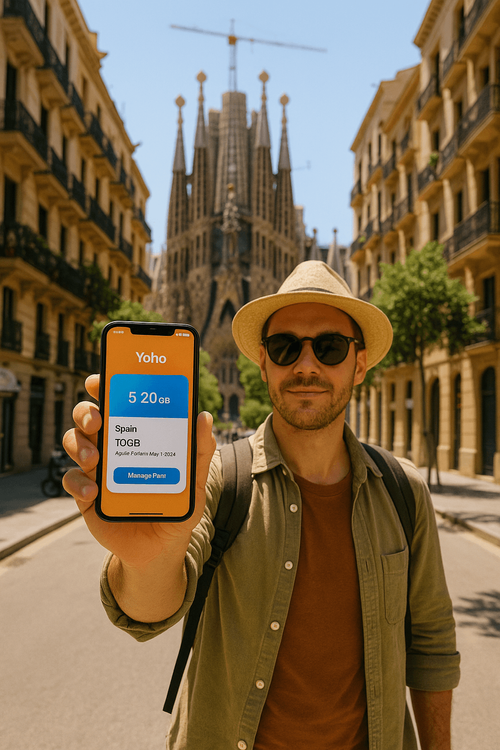 A traveler using the Yoho Mobile app on their phone to navigate and stay connected while exploring the sights of Barcelona.