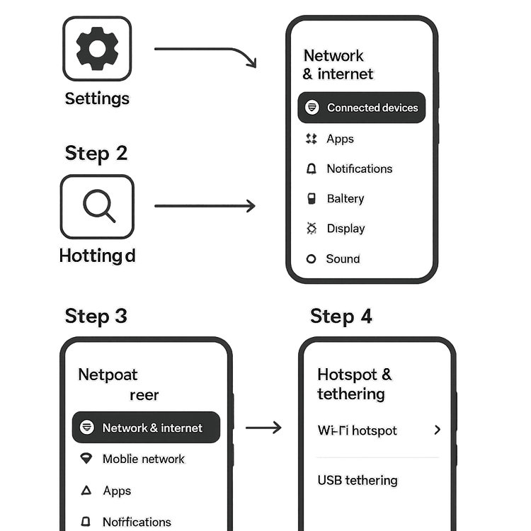 Diagram illustrating the steps to activate the Wi-Fi hotspot feature on an Android device.