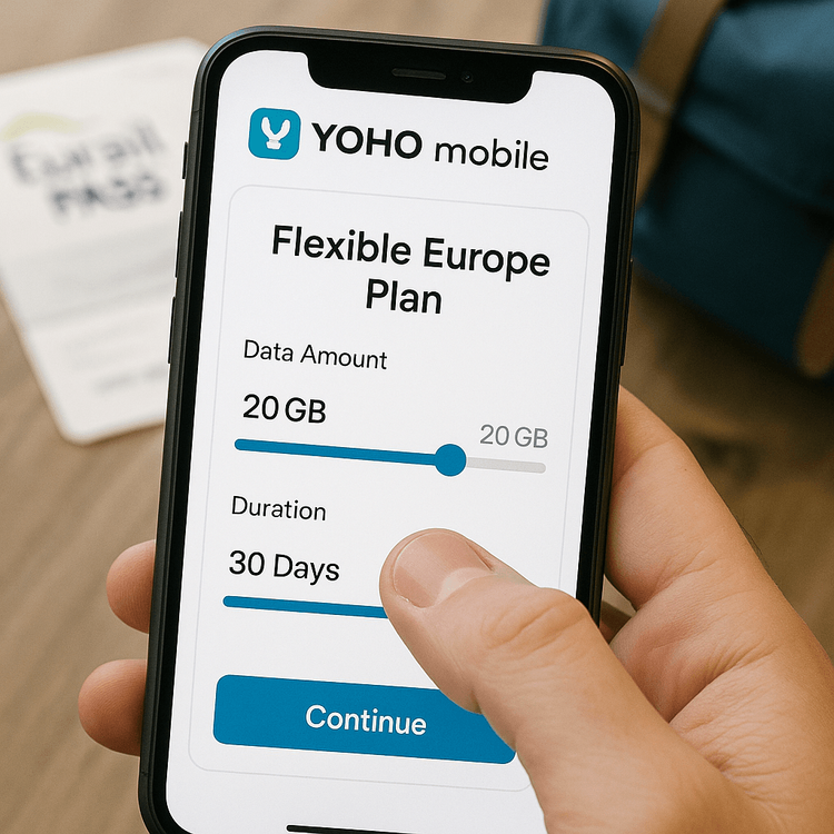 Customizing a flexible Yoho Mobile eSIM data plan for Europe on a smartphone, perfect for a long train journey.