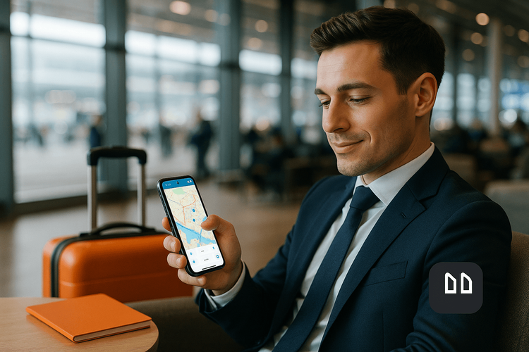 A professional bleisure traveler confidently using their work phone with a personal eSIM in an airport lounge.