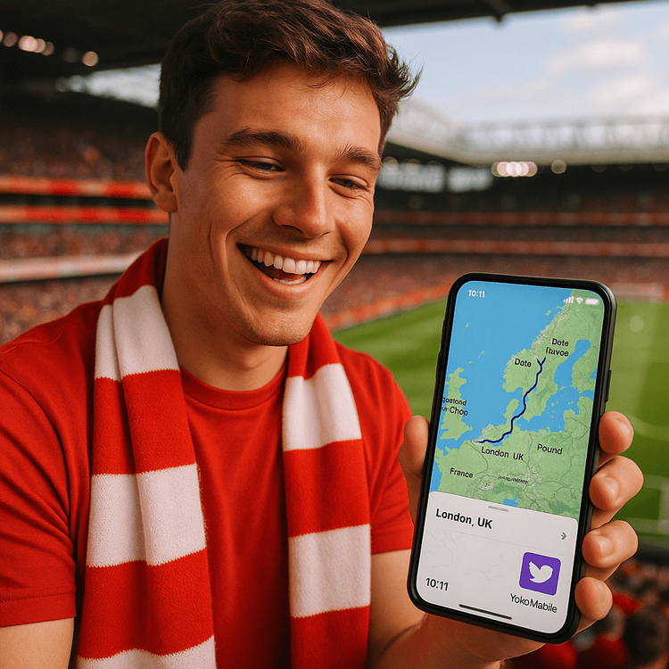 Football fan in a stadium using Yoho Mobile eSIM to navigate from the UK to Norway.