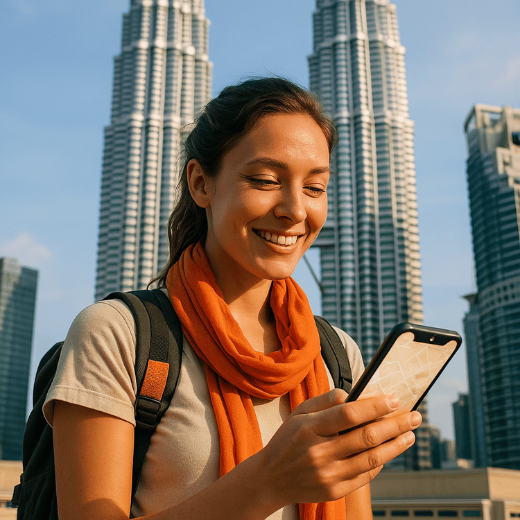 A prepared traveler using her smartphone for navigation in Kuala Lumpur with Petronas Towers in the background.