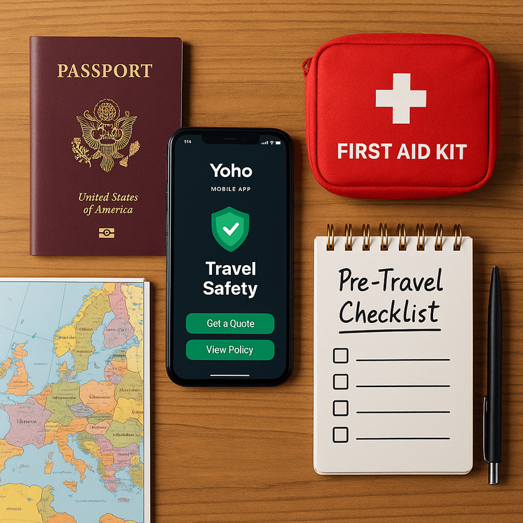 A flat lay of international travel safety essentials including a passport, smartphone, and first-aid kit.